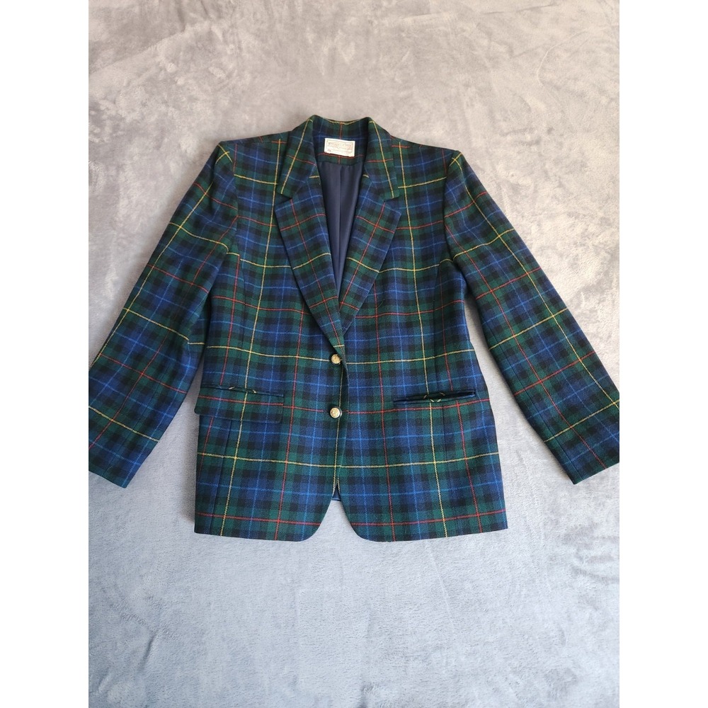 Vintage Pendleton Blazer Womens 14 Petite Wool Plaid Navy Green Tartan 80s